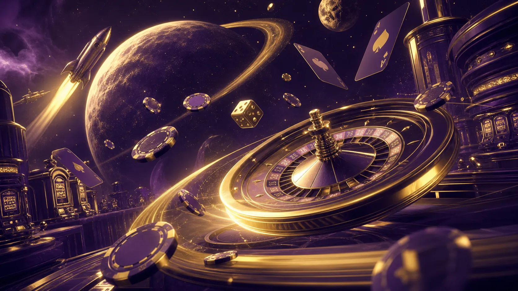 Cyberpunk neon casino scene with roulette wheel, poker chips, and glowing elements in Astropay theme.